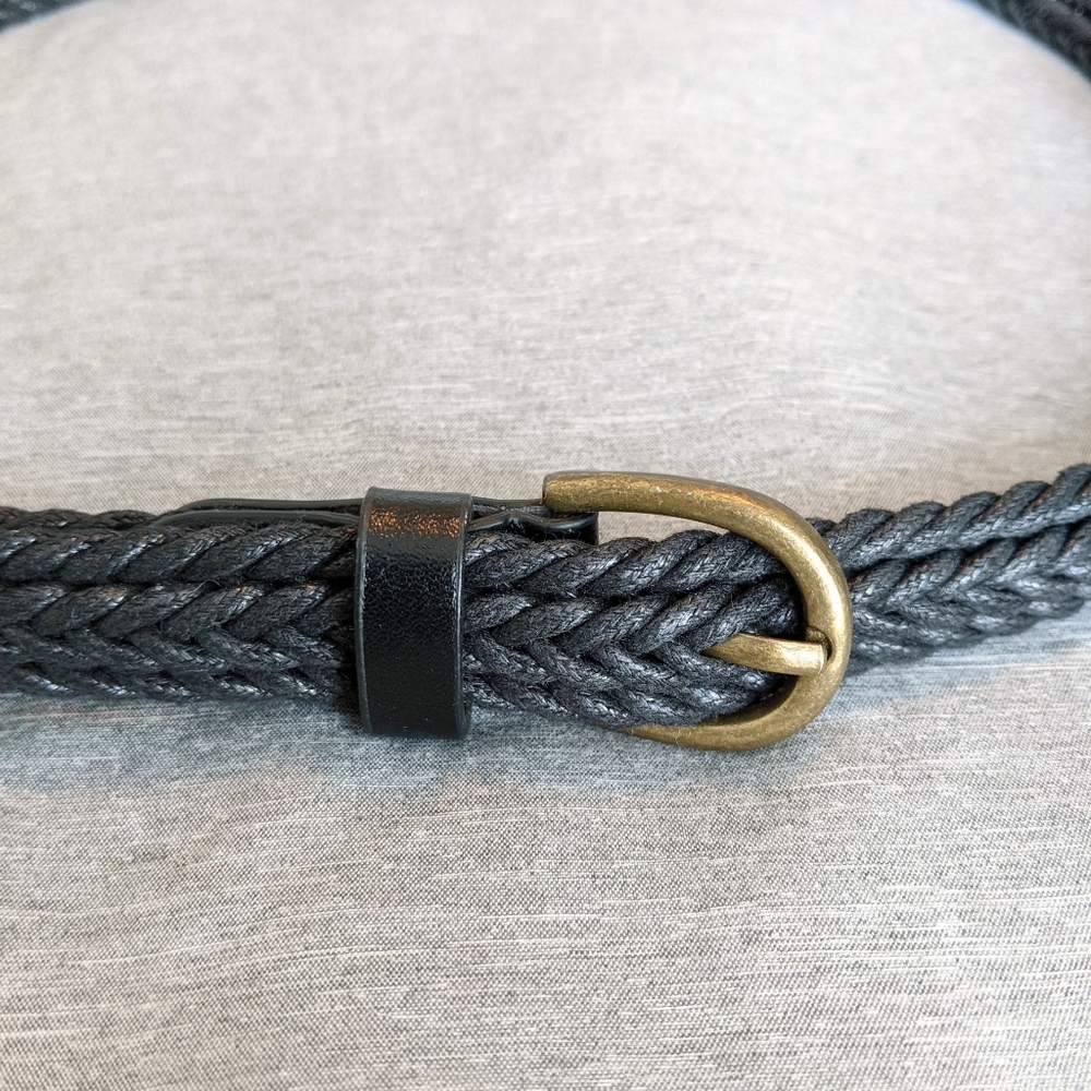 Black braided belt with brass buckle